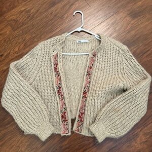 Zara Cream Chunky Cardigan with Embroidered Trim & Buttons